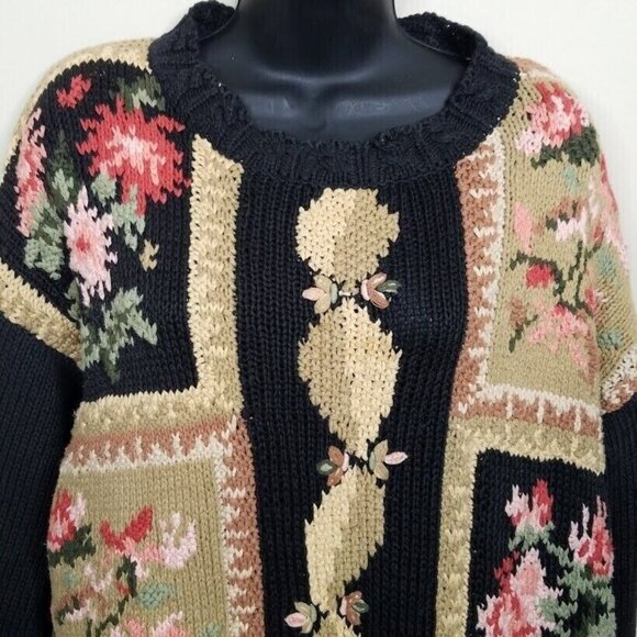 Jennifer Reed Womens Floral Sweater Size Medium Vintage 80s Hand Knit Romantic - Picture 2 of 8